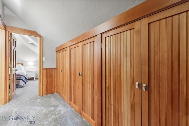 3011 Goose Creek Rd, Bozeman, MT 59715 - hallway featuring lofted ceiling, light colored carpet, a wainscoted wall, and wooden walls