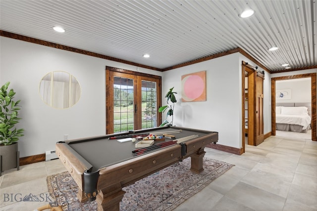 3011 Goose Creek Rd, Bozeman, MT 59715 - playroom featuring pool table, recessed lighting, crown molding, a baseboard radiator, and baseboards