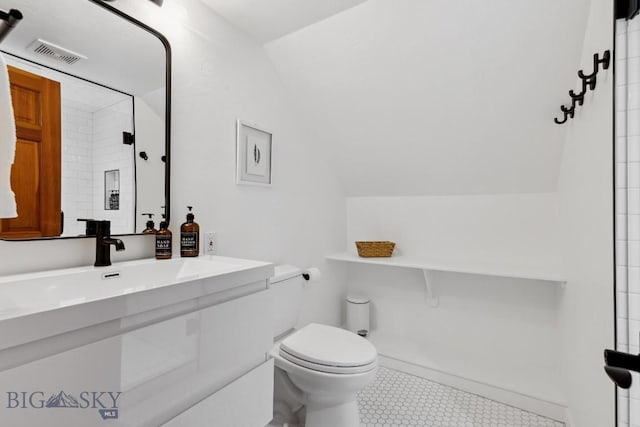 3011 Goose Creek Rd, Bozeman, MT 59715 - bathroom with toilet, lofted ceiling, and vanity