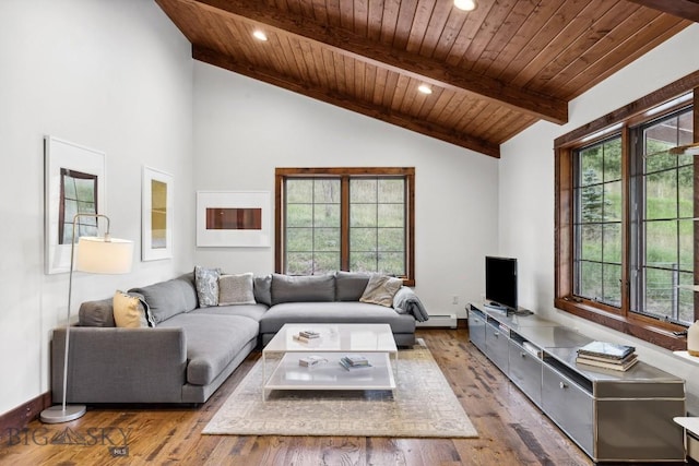 3011 Goose Creek Rd, Bozeman, MT 59715 - living area featuring wood ceiling, a baseboard radiator, wood finished floors, recessed lighting, and baseboards