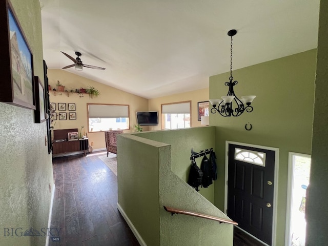 616 Comet, Livingston, MT 59047 - entryway with a chandelier, lofted ceiling, dark wood-type flooring, a ceiling fan, and baseboards
