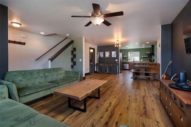 3650 Potosi St, Bozeman, MT 59718 - living room featuring wood finished floors, a ceiling fan, and recessed lighting