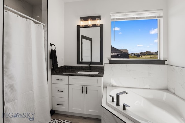 30 Blue Stem Way, Three Forks, MT 59752 - bathroom with vanity, plenty of natural light, a garden tub, and a shower with shower curtain