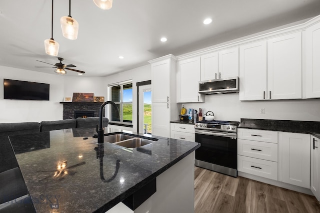 30 Blue Stem Way, Three Forks, MT 59752 - kitchen with stainless steel appliances, a sink, a fireplace, white cabinetry, and recessed lighting