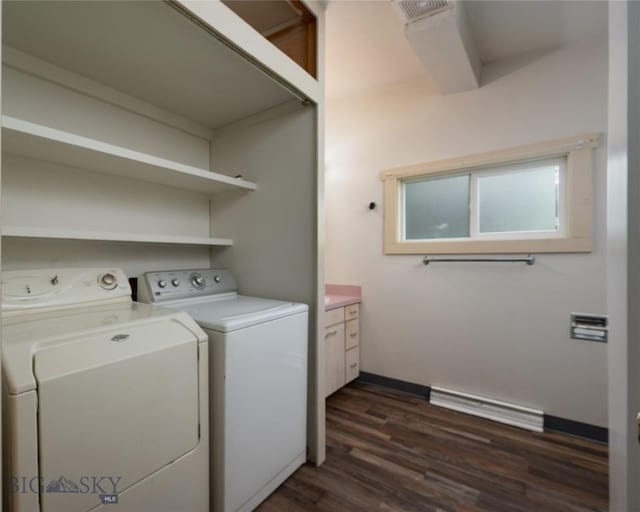 1109 S Willson, Bozeman, MT 59715 - laundry room with separate washer and dryer, a baseboard radiator, dark wood-type flooring, and baseboards