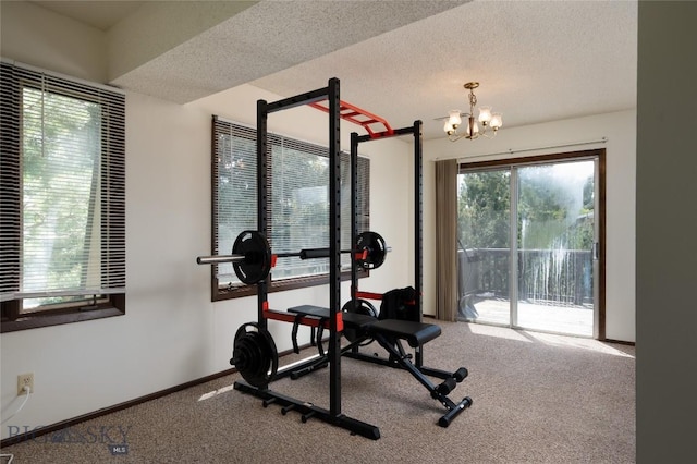 405 N 16th, Bozeman, MT 59715 - workout room with carpet, a chandelier, a textured ceiling, and baseboards
