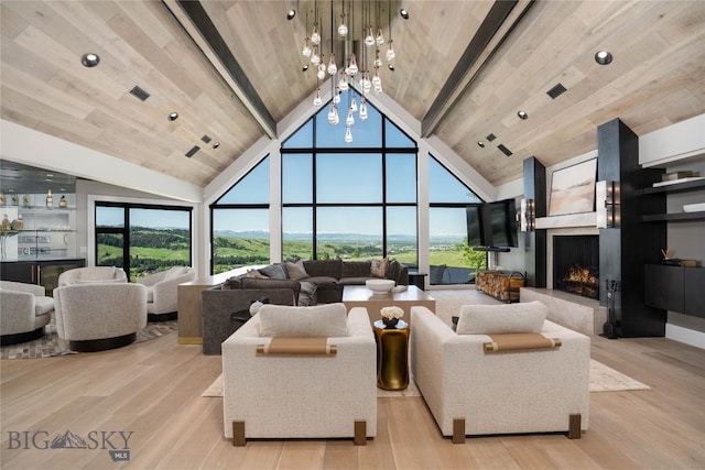 354 Brass Lantern Ct, Bozeman, MT 59715 - living room featuring high vaulted ceiling, a lit fireplace, wood finished floors, and wood ceiling with exposed beams