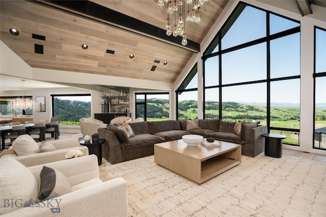 354 Brass Lantern Ct, Bozeman, MT 59715 - living area with high vaulted ceiling, a chandelier, and wooden ceiling with exposed beams