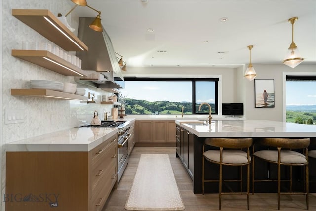 354 Brass Lantern Ct, Bozeman, MT 59715 - kitchen featuring open shelves, high end stainless steel range oven, a sink, healthy amount of natural light, and recessed lighting