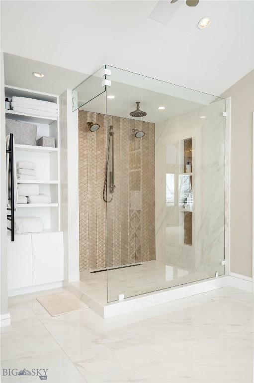 354 Brass Lantern Ct, Bozeman, MT 59715 - bathroom with a stall shower, recessed lighting, and marble finish flooring