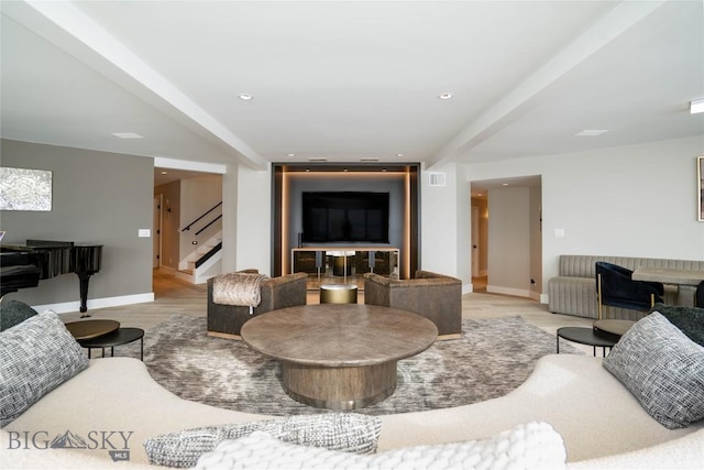 354 Brass Lantern Ct, Bozeman, MT 59715 - living area with stairway, wood finished floors, baseboards, and recessed lighting