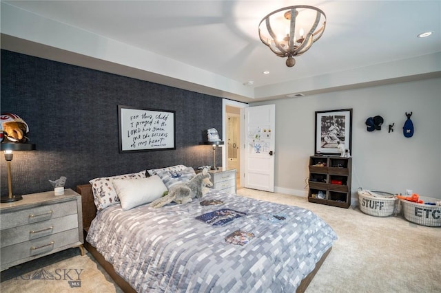 354 Brass Lantern Ct, Bozeman, MT 59715 - bedroom featuring a chandelier, light carpet, recessed lighting, and baseboards