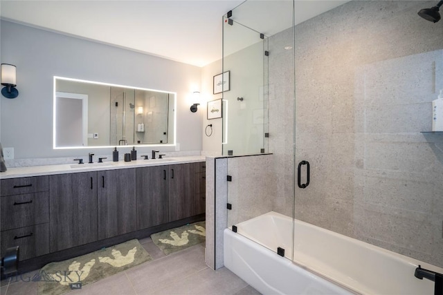 354 Brass Lantern Ct, Bozeman, MT 59715 - full bath with double vanity, tile patterned floors, and shower / bath combination with glass door
