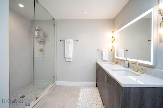 354 Brass Lantern Ct, Bozeman, MT 59715 - full bath featuring double vanity, walk in shower, baseboards, and recessed lighting