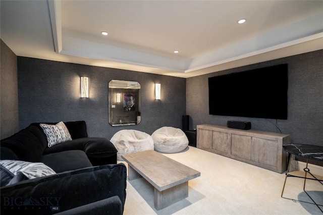 354 Brass Lantern Ct, Bozeman, MT 59715 - home theater room featuring a tray ceiling, carpet flooring, and recessed lighting