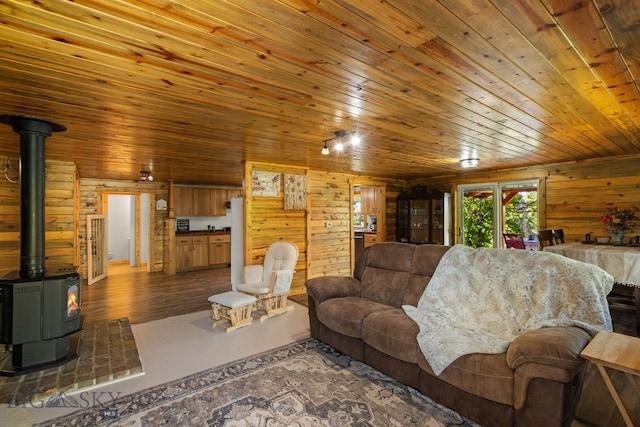 234 Mill Creek Rd, Sheridan, MT 59749 - living room with wooden ceiling, a wood stove, wood walls, and dark wood finished floors