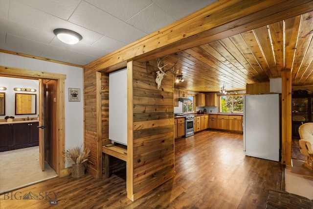 234 Mill Creek Rd, Sheridan, MT 59749 - kitchen with stainless steel range, freestanding refrigerator, dark wood-type flooring, wood walls, and brown cabinets