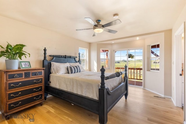 251 Price Rd, Three Forks, MT 59752 - bedroom with access to outside, light wood-type flooring, baseboards, and a ceiling fan