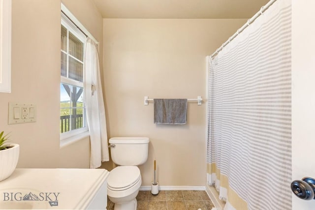 251 Price Rd, Three Forks, MT 59752 - bathroom with baseboards, toilet, a shower with shower curtain, tile patterned flooring, and vanity