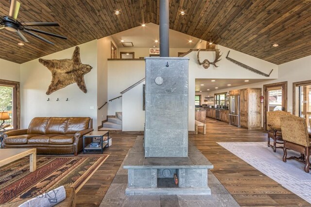 TBD Buttermilk Court, West Yellowstone, MT 59758 - living room with ceiling fan, dark wood-type flooring, recessed lighting, high vaulted ceiling, and stairway