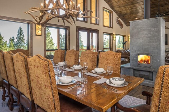 TBD Buttermilk Court, West Yellowstone, MT 59758 - dining area featuring high vaulted ceiling, wood ceiling, and a ceiling fan
