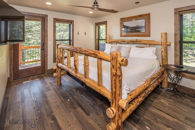 TBD Buttermilk Court, West Yellowstone, MT 59758 - bedroom featuring access to exterior, dark wood-style floors, recessed lighting, baseboards, and a ceiling fan