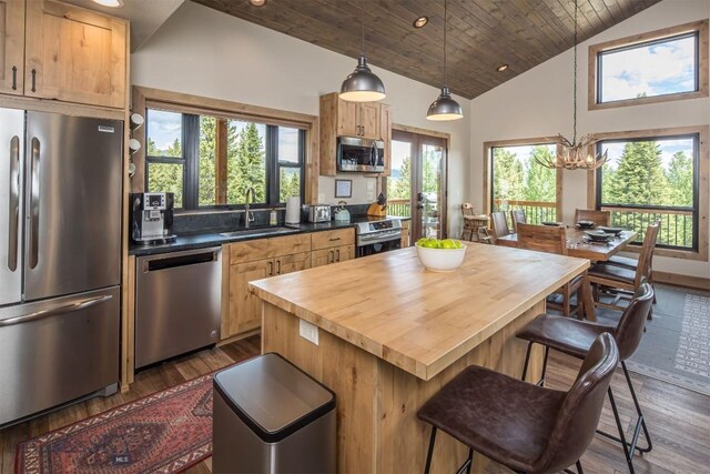 TBD Buttermilk Court, West Yellowstone, MT 59758 - kitchen with stainless steel appliances, a sink, wood counters, dark wood-style flooring, and high vaulted ceiling