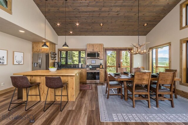 TBD Buttermilk Court, West Yellowstone, MT 59758 - dining area featuring high vaulted ceiling, wooden ceiling, a chandelier, plenty of natural light, and dark wood-style flooring