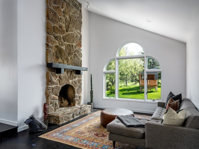 370 Star Ridge Rd, Bozeman, MT 59715 - living room with wood finished floors, baseboards, a stone fireplace, and high vaulted ceiling