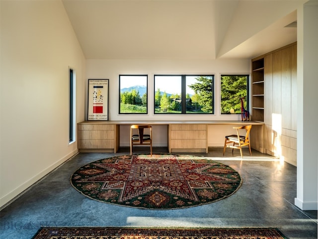 370 Star Ridge Rd, Bozeman, MT 59715 - office space featuring built in desk, baseboards, plenty of natural light, built in shelves, and high vaulted ceiling