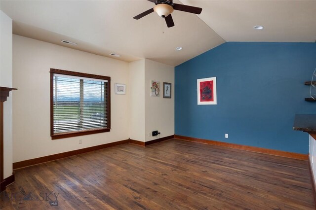 4364 Brookside Ln, Bozeman, MT 59718 - unfurnished living room featuring ceiling fan, vaulted ceiling, wood finished floors, baseboards, and recessed lighting