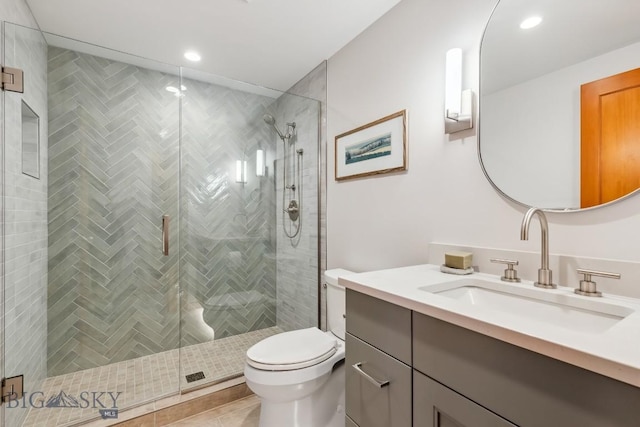 2594 Star Ridge Rd, Bozeman, MT 59715 - full bath featuring vanity, a stall shower, recessed lighting, and tile patterned flooring