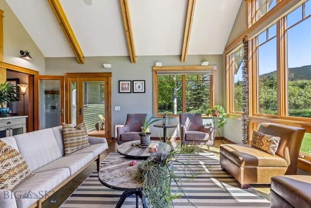 2594 Star Ridge Rd, Bozeman, MT 59715 - living area with high vaulted ceiling and beamed ceiling