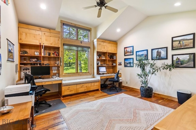 2594 Star Ridge Rd, Bozeman, MT 59715 - office area featuring light wood-style floors, ceiling fan, recessed lighting, high vaulted ceiling, and built in study area