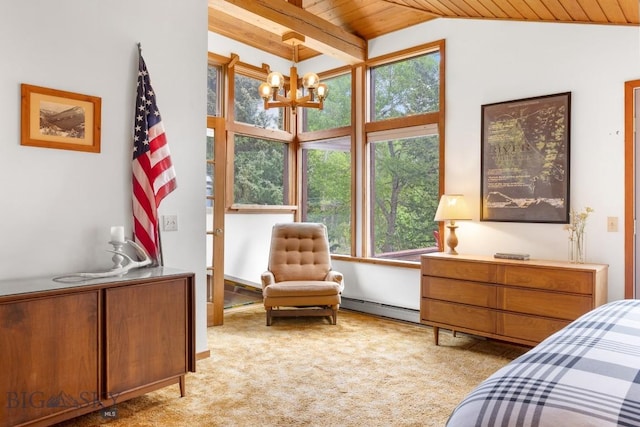 140 Luhn, Gallatin Gateway, MT 59730 - bedroom featuring a baseboard heating unit, wood ceiling, multiple windows, a chandelier, and light colored carpet