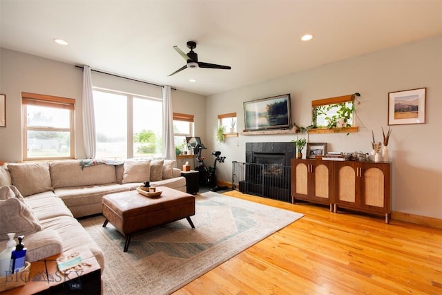 975 Jessie Way, Bozeman, MT 59715 - living room with wood finished floors, ceiling fan, a fireplace, baseboards, and recessed lighting