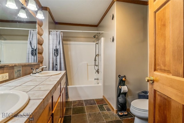 1561/1563 Colorado Gulch Dr, Helena, MT 59601 - full bathroom with stone finish flooring, shower / tub combo with curtain, double vanity, and ornamental molding