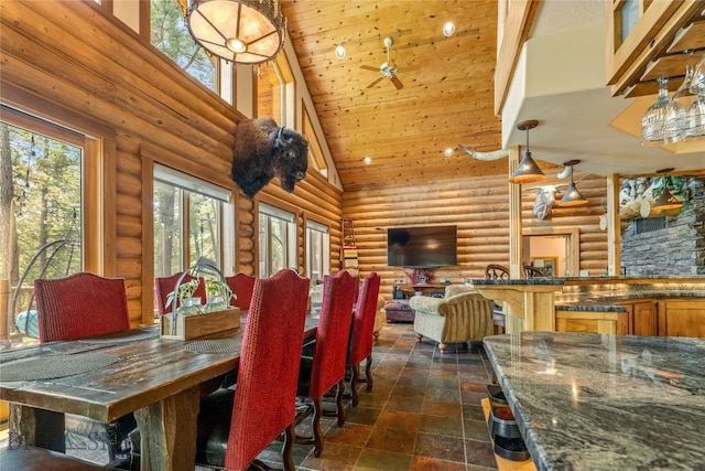 1561/1563 Colorado Gulch Dr, Helena, MT 59601 - dining area featuring high vaulted ceiling, rustic walls, wooden ceiling, and dark stone finish flooring