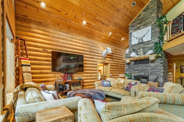 1561/1563 Colorado Gulch Dr, Helena, MT 59601 - living area featuring high vaulted ceiling, wood ceiling, a fireplace, log walls, and recessed lighting