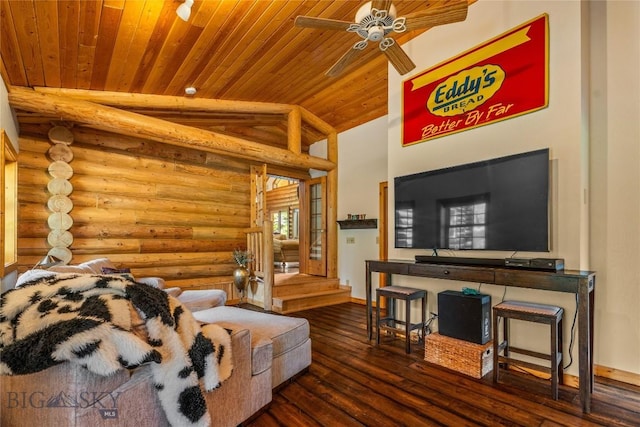 1561/1563 Colorado Gulch Dr, Helena, MT 59601 - living area with wood ceiling, rustic walls, ceiling fan, hardwood / wood-style flooring, and lofted ceiling