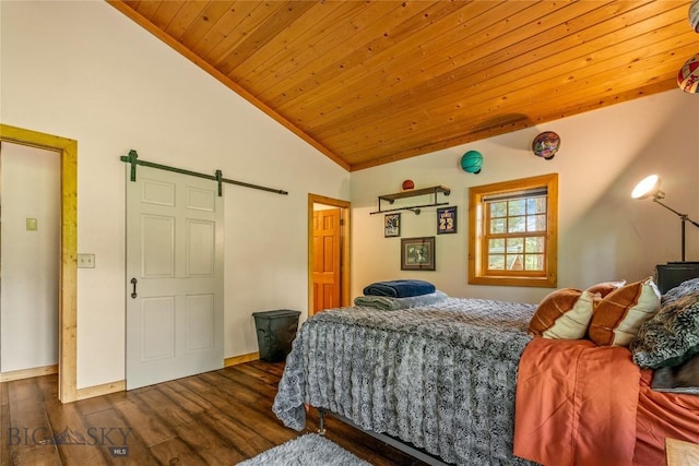1561/1563 Colorado Gulch Dr, Helena, MT 59601 - bedroom with lofted ceiling, wood ceiling, a barn door, and wood finished floors