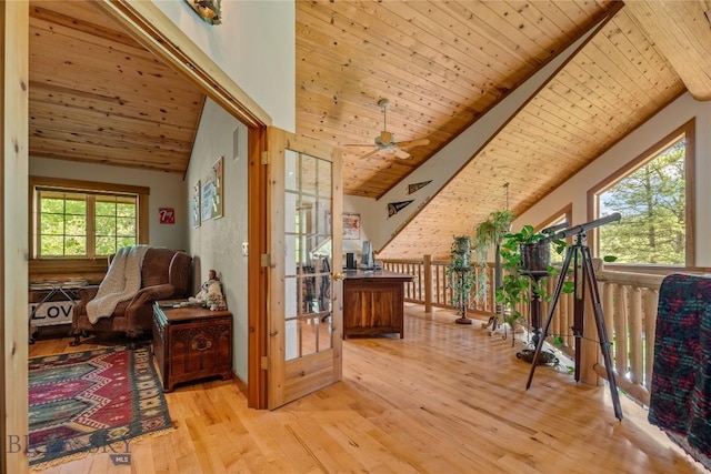 1561/1563 Colorado Gulch Dr, Helena, MT 59601 - living area with wooden ceiling, wood-type flooring, vaulted ceiling, and a ceiling fan