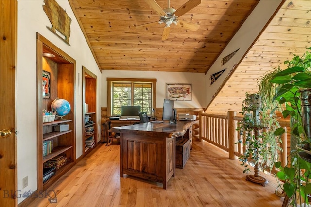 1561/1563 Colorado Gulch Dr, Helena, MT 59601 - office featuring ceiling fan, wood ceiling, light wood-style flooring, lofted ceiling, and wooden walls