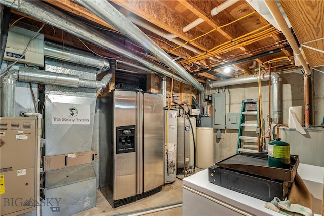 1561/1563 Colorado Gulch Dr, Helena, MT 59601 - unfinished basement with electric panel, a water softener, and stainless steel fridge with ice dispenser