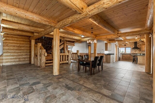 1380 Glacier View Dr, Deer Lodge, MT 59722 - dining space with a chandelier, wood ceiling with exposed beams, and log walls