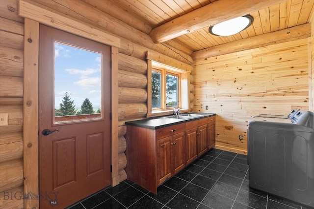 1380 Glacier View Dr, Deer Lodge, MT 59722 - washroom with wood ceiling, log walls, washer and clothes dryer, a sink, and dark tile patterned floors