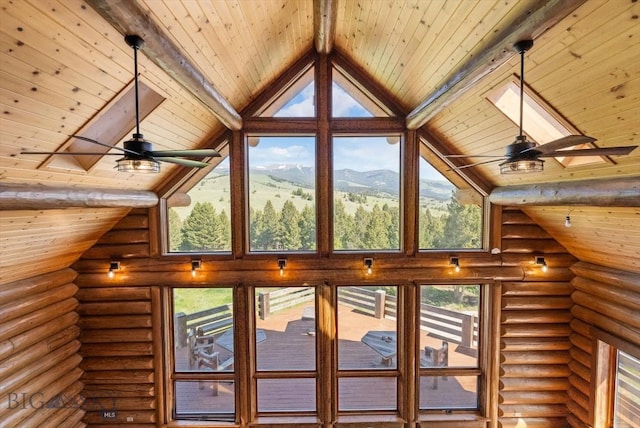1380 Glacier View Dr, Deer Lodge, MT 59722 - detailed view of wood ceiling with exposed beams, ceiling fan, a mountainous background, and rustic walls