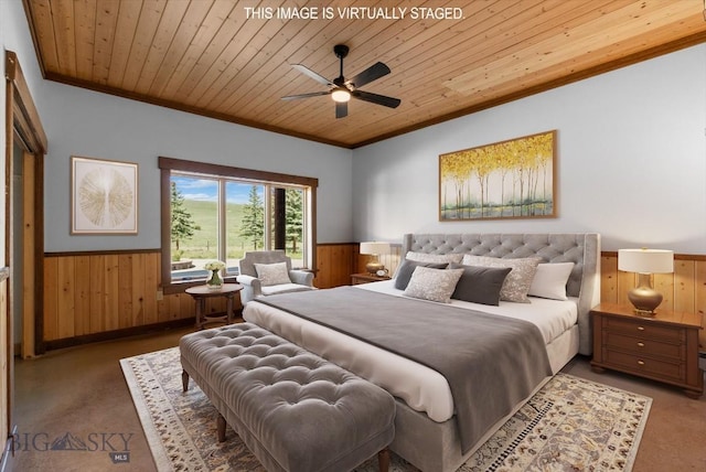 1380 Glacier View Dr, Deer Lodge, MT 59722 - bedroom featuring ornamental molding, a wainscoted wall, wood walls, wood ceiling, and carpet flooring