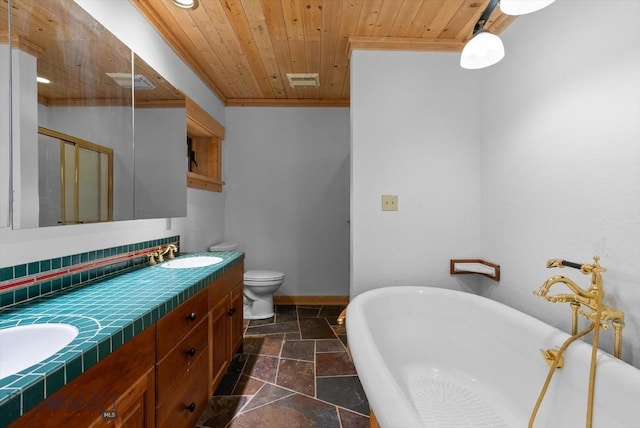 1380 Glacier View Dr, Deer Lodge, MT 59722 - bathroom with stone tile floors, double vanity, a freestanding tub, wooden ceiling, and a shower stall