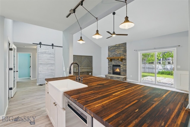 1205 Brentwood, Bozeman, MT 59718 - kitchen with stainless steel dishwasher, a sink, light wood-type flooring, a ceiling fan, and wood counters